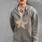 DERMEARNE Dourbesty 2022 Autumn Hoodies Harajuku Y2K Vintage Star Patched Zip Up Sweatshirts Grunge Korean Fashion E-girls Sweatshirt Coat