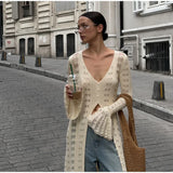 DERMEARNE Elegant Knitted Hollow Out Long Dress Women Beach Ruffle Single-breasted Flare Sleeve Cardigan Robe Female Fashion Solid Dresses
