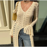 DERMEARNE Elegant Knitted Hollow Out Long Dress Women Beach Ruffle Single-breasted Flare Sleeve Cardigan Robe Female Fashion Solid Dresses