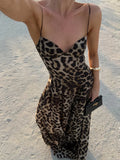 DERMEARNE Elegant Leopard Slip A-line Long Dress Women Y2K Backless Tube Tops Floor-length Beach Vacation Robes 2025 Summer Lady Dresses