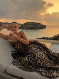 DERMEARNE Elegant Leopard Slip A-line Long Dress Women Y2K Backless Tube Tops Floor-length Beach Vacation Robes 2025 Summer Lady Dresses