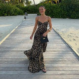 DERMEARNE Elegant Leopard Slip A-line Long Dress Women Y2K Backless Tube Tops Floor-length Beach Vacation Robes 2025 Summer Lady Dresses