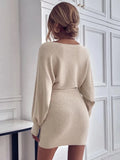 DERMEARNE Elegant Long Sleeve Bodycon Dress Women 2024 Boat Neck Batwing Sleeve Belted Dress Sweater Wool Woman Winter Commute Mini Dress