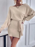 DERMEARNE Elegant Long Sleeve Bodycon Dress Women 2024 Boat Neck Batwing Sleeve Belted Dress Sweater Wool Woman Winter Commute Mini Dress