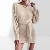 DERMEARNE Elegant Long Sleeve Bodycon Dress Women 2024 Boat Neck Batwing Sleeve Belted Dress Sweater Wool Woman Winter Commute Mini Dress