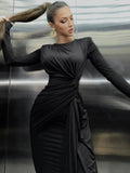 DERMEARNE Elegant O-neck Long Sleeve Folds High Waist Bodycon Black Evening Party Dresses Women's Luxury Formal Occasion Prom Dress Gowns