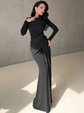 DERMEARNE Elegant O-neck Long Sleeve Folds High Waist Bodycon Black Evening Party Dresses Women's Luxury Formal Occasion Prom Dress Gowns