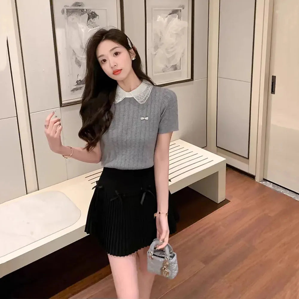 DERMEARNE Elegant Office Vintage Sweater 2025 Women's White Short Sleeve Knit T-shirt Summer Sweet Beadwork Lapel Lady Tops Thin Pullovers