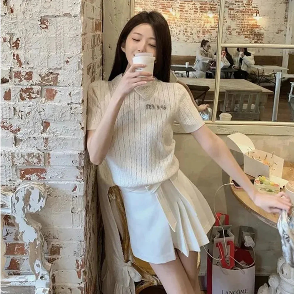 DERMEARNE Elegant Office Vintage Sweater 2025 Women's White Short Sleeve Knit T-shirt Summer Sweet Beadwork Lapel Lady Tops Thin Pullovers