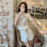 DERMEARNE Elegant Office Vintage Sweater 2025 Women's White Short Sleeve Knit T-shirt Summer Sweet Beadwork Lapel Lady Tops Thin Pullovers