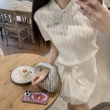 DERMEARNE Elegant Office Vintage Sweater 2025 Women's White Short Sleeve Knit T-shirt Summer Sweet Beadwork Lapel Lady Tops Thin Pullovers