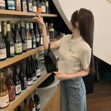 DERMEARNE Elegant Office Vintage Sweater 2025 Women's White Short Sleeve Knit T-shirt Summer Sweet Beadwork Lapel Lady Tops Thin Pullovers