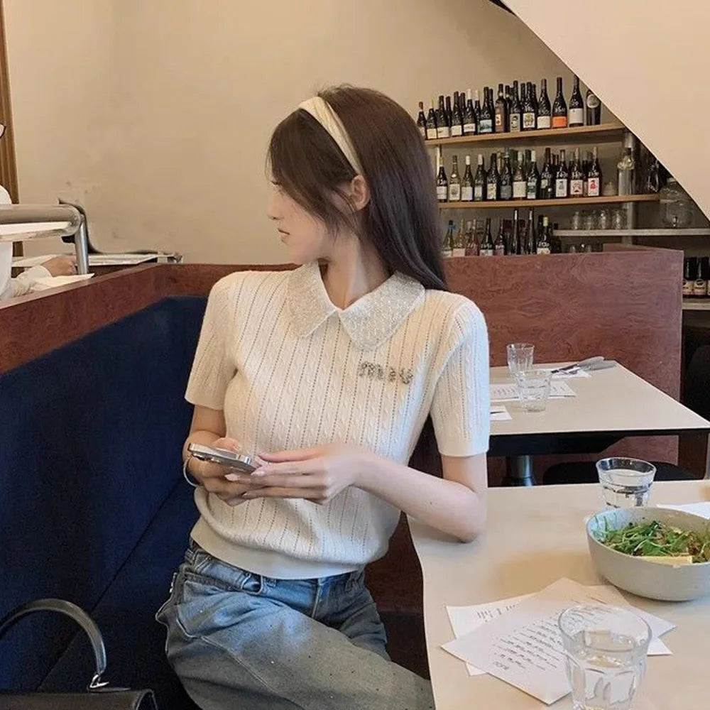 DERMEARNE Elegant Office Vintage Sweater 2025 Women's White Short Sleeve Knit T-shirt Summer Sweet Beadwork Lapel Lady Tops Thin Pullovers