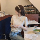 DERMEARNE Elegant Office Vintage Sweater 2025 Women's White Short Sleeve Knit T-shirt Summer Sweet Beadwork Lapel Lady Tops Thin Pullovers