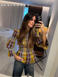 DERMEARNE Elegant Plaid Printed Puff Sleeves Shirts Women Leisure Ruffle Hem O Neck Short Top 2025 Spring Female Loose High Street Tops