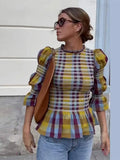 DERMEARNE Elegant Plaid Printed Puff Sleeves Shirts Women Leisure Ruffle Hem O Neck Short Top 2025 Spring Female Loose High Street Tops