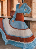 DERMEARNE Elegant Ruffle Dress for Women Tiered A-Line Sweet Lantern Sleeve V-Neck Patchwork Layer Long Dress for Spring Autumn 2025
