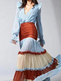 DERMEARNE Elegant Ruffle Dress for Women Tiered A-Line Sweet Lantern Sleeve V-Neck Patchwork Layer Long Dress for Spring Autumn 2025