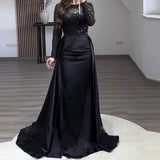 DERMEARNE Elegant Sequin Patchwork Slim Banquet Dress Lady Temperament Long Sleeved Pleated A-line Dress 2025 New Year Women Evening Dress