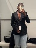 DERMEARNE Elegant Slim Blazer Women Lapel Shoulder Pad Single Breasted Coats Female 2025 Spring New Long Sleeves Pockets Outwears Lady