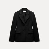 DERMEARNE Elegant Slim Blazer Women Lapel Shoulder Pad Single Breasted Coats Female 2025 Spring New Long Sleeves Pockets Outwears Lady