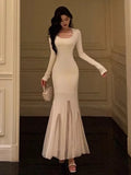 DERMEARNE Elegant Solid Mesh Patchwork Mermaid Knitted Dress for Women Autumn French Slim Long Sleeve Midi Dresses Female Party Prom Robe