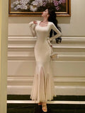 DERMEARNE Elegant Solid Mesh Patchwork Mermaid Knitted Dress for Women Autumn French Slim Long Sleeve Midi Dresses Female Party Prom Robe