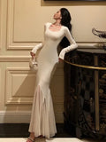 DERMEARNE Elegant Solid Mesh Patchwork Mermaid Knitted Dress for Women Autumn French Slim Long Sleeve Midi Dresses Female Party Prom Robe