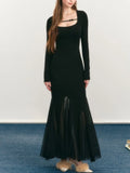 DERMEARNE Elegant Solid Mesh Patchwork Mermaid Knitted Dress for Women Autumn French Slim Long Sleeve Midi Dresses Female Party Prom Robe