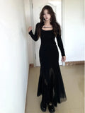 DERMEARNE Elegant Solid Mesh Patchwork Mermaid Knitted Dress for Women Autumn French Slim Long Sleeve Midi Dresses Female Party Prom Robe