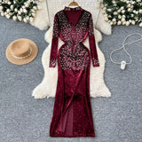 DERMEARNE Elegant Stand Neck Vintage Long Sleeve Chic Rhinestone Slim Split Velvet Dress Korean High Street Evening Autumn Winter Clothing