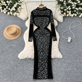 DERMEARNE Elegant Stand Neck Vintage Long Sleeve Chic Rhinestone Slim Split Velvet Dress Korean High Street Evening Autumn Winter Clothing