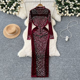 DERMEARNE Elegant Stand Neck Vintage Long Sleeve Chic Rhinestone Slim Split Velvet Dress Korean High Street Evening Autumn Winter Clothing