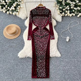 DERMEARNE Elegant Stand Neck Vintage Long Sleeve Chic Rhinestone Slim Split Velvet Dress Korean High Street Evening Autumn Winter Clothing