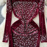 DERMEARNE Elegant Stand Neck Vintage Long Sleeve Chic Rhinestone Slim Split Velvet Dress Korean High Street Evening Autumn Winter Clothing
