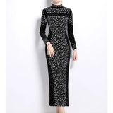 DERMEARNE Elegant Stand Neck Vintage Long Sleeve Chic Rhinestone Slim Split Velvet Dress Korean High Street Evening Autumn Winter Clothing