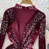 DERMEARNE Elegant Stand Neck Vintage Long Sleeve Chic Rhinestone Slim Split Velvet Dress Korean High Street Evening Autumn Winter Clothing