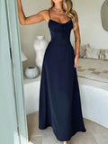 DERMEARNE Elegant Strappy Backless Long Dress Women's Summer Fashion Round Neck Smocked Solid Color Slim Evening Dress Long Dress