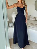 DERMEARNE Elegant Strappy Backless Long Dress Women's Summer Fashion Round Neck Smocked Solid Color Slim Evening Dress Long Dress