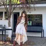 DERMEARNE Elegant Sweet High Waist Ruched White Strap Dresses+ Y2k E-Girl Slim Fit Long Sleeve Coat Women Spring New Two Piece Sets