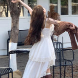 DERMEARNE Elegant Sweet High Waist Ruched White Strap Dresses+ Y2k E-Girl Slim Fit Long Sleeve Coat Women Spring New Two Piece Sets