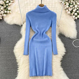 DERMEARNE Elegant Turtleneck Long Sleeve Knit Bodycon Pencil Dress Slim Basic Fashion Sweater Vestido Sexy Women Autumn Winter Clothing