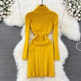 DERMEARNE Elegant Turtleneck Long Sleeve Knit Bodycon Pencil Dress Slim Basic Fashion Sweater Vestido Sexy Women Autumn Winter Clothing