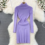 DERMEARNE Elegant Turtleneck Long Sleeve Knit Bodycon Pencil Dress Slim Basic Fashion Sweater Vestido Sexy Women Autumn Winter Clothing