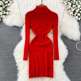 DERMEARNE Elegant Turtleneck Long Sleeve Knit Bodycon Pencil Dress Slim Basic Fashion Sweater Vestido Sexy Women Autumn Winter Clothing