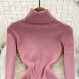 DERMEARNE Elegant Turtleneck Long Sleeve Knit Bodycon Pencil Dress Slim Basic Fashion Sweater Vestido Sexy Women Autumn Winter Clothing