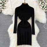 DERMEARNE Elegant Turtleneck Long Sleeve Knit Bodycon Pencil Dress Slim Basic Fashion Sweater Vestido Sexy Women Autumn Winter Clothing