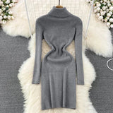 DERMEARNE Elegant Turtleneck Long Sleeve Knit Bodycon Pencil Dress Slim Basic Fashion Sweater Vestido Sexy Women Autumn Winter Clothing