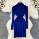 DERMEARNE Elegant Turtleneck Long Sleeve Knit Bodycon Pencil Dress Slim Basic Fashion Sweater Vestido Sexy Women Autumn Winter Clothing
