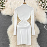 DERMEARNE Elegant Turtleneck Long Sleeve Knit Bodycon Pencil Dress Slim Basic Fashion Sweater Vestido Sexy Women Autumn Winter Clothing
